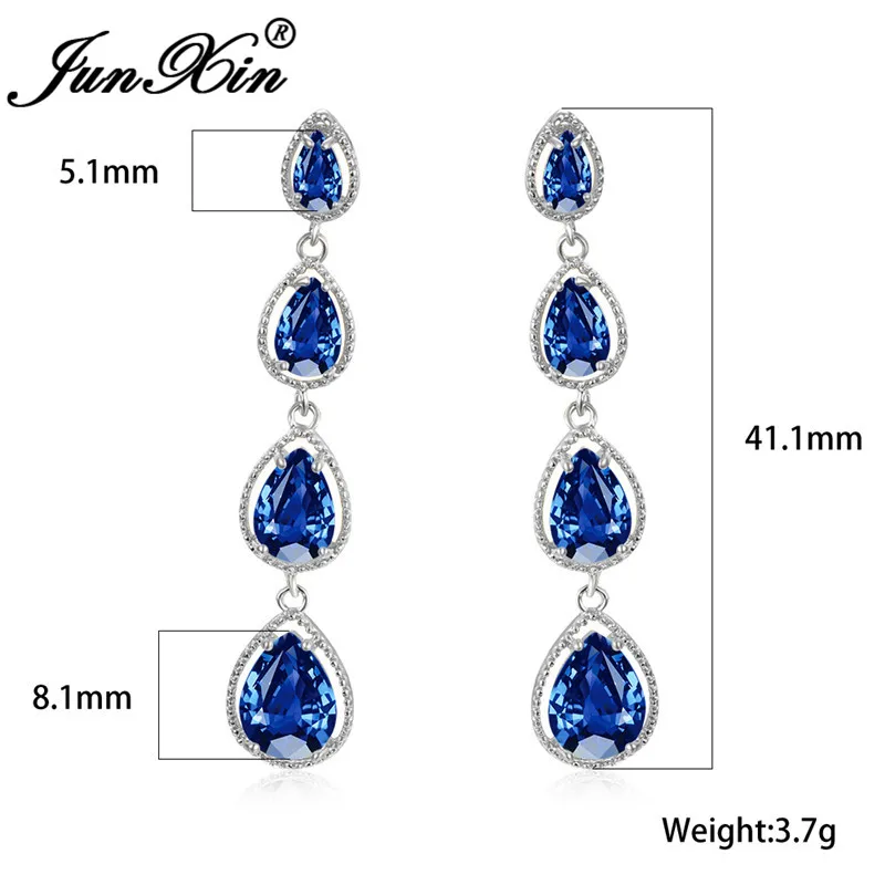 

Female Crystal Water Drop Stone Dangle Earrings White Gold Wedding Royal Blue Green Purple Zircon Long Drop Earrings For Women