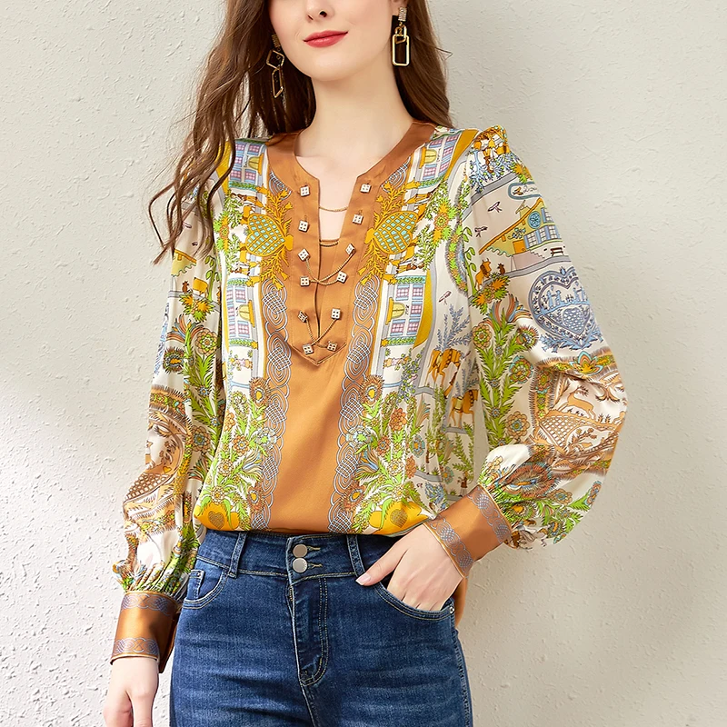 

Рубашка женская из натурального шелка, Элегантная атласная блузка с V-образным вырезом и длинным рукавом, свободная повседневная с принтом, ...