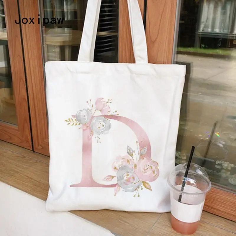 

Ladies Handbags Cloth Canvas Tote Bag Floral Letters Pattern Shopping Travel Women Eco Reusable Shoulder Shopper Bags