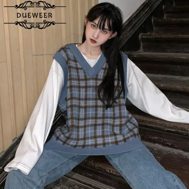 

Dueweer Sweater Vest Women Plaid Vintage Sweaters Womens Harajuku Street-wear V-neck Sleeveless Students Loose Casual
