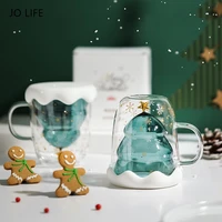 jo life christmas tree star double layer cocktail glass cup creative gift snowflake lid xmas cartoon coffee cup