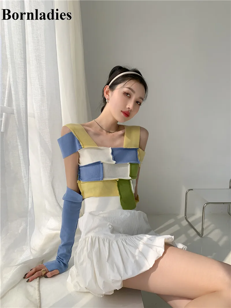 

Bornladies Color Block Summer Knit Top Designer T Shirt Women Patchwork Weave Crop Top Fashion Tee Shirt Aesthetic Clothes 2021
