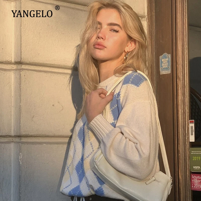 

Yangelo белый Повседневный клетчатый свитер для женщин Y2K элегантный стиль Vinage вязаный джемпер женский осенне-зимний пуловер Трикотаж