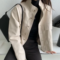 beige pu leather jacket woman autumn winter streetwear single breasted leather coat female korean chic corp jacket stand neck