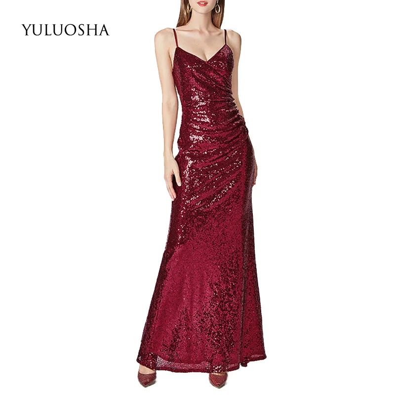 YULUOSHA платье для подружки невесты без рукавов с блестками и v-образным вырезом