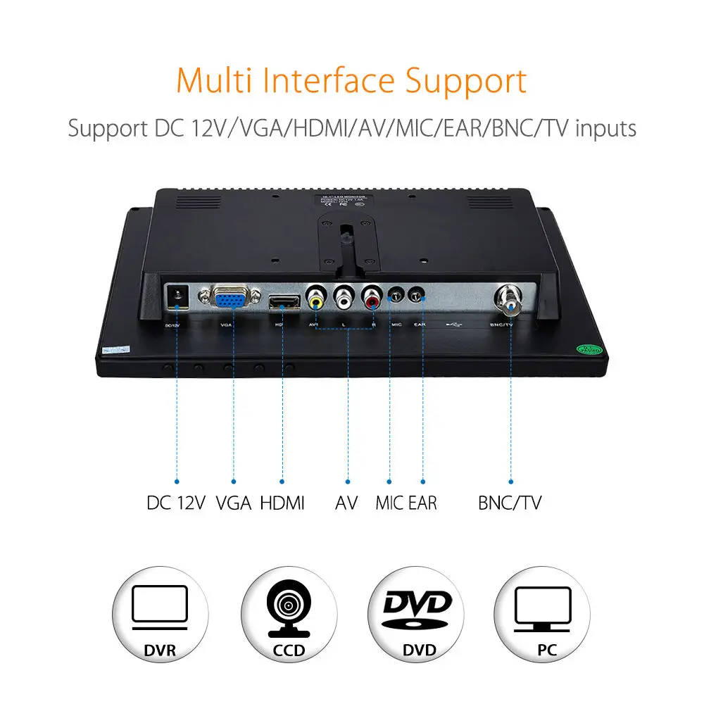 Монитор CCTV Eyoyo EM10 10" BNC с разрешением 1920x1200 на матрице IPS LCD с HDMI VGA AV 16:10 1000:1, для отображения на ПК, DVD, ноутбуке, DVR и CCD камерах.