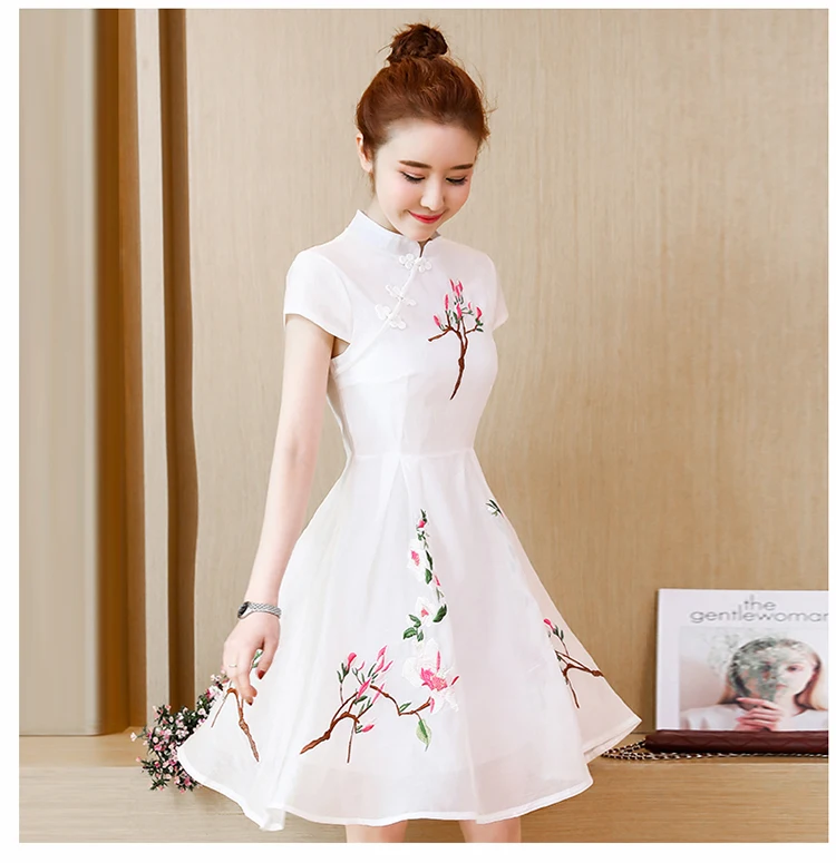 Китайское платье с коротким рукавом, восточное платье cheongsam qipao с цветочным принтом бабочки, традиционное китайское женское платье