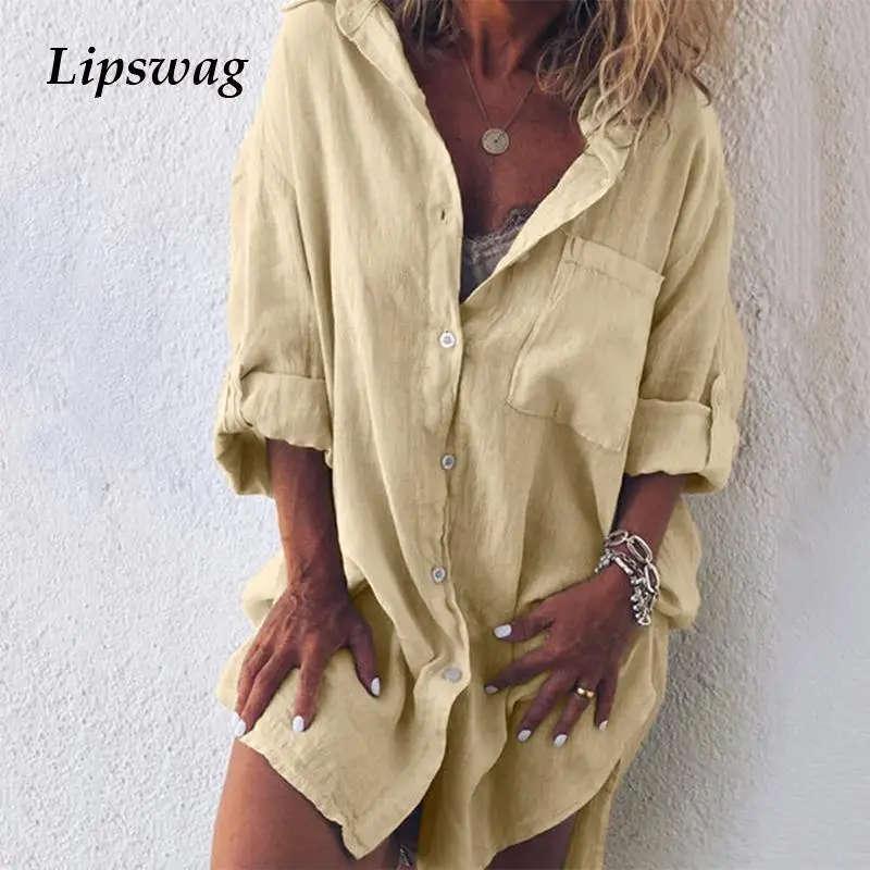 

Fashion Retro Solid Color Linen Cotton Blouse Women Shirts Spring Autumn Elegant Turn-Down Collar Single-breasted Female Blusa