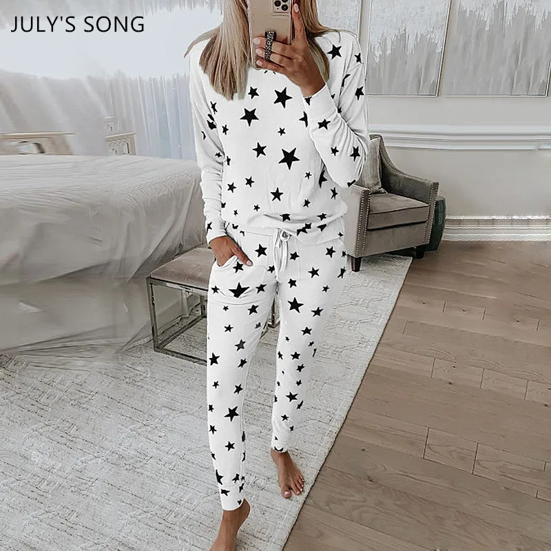 

JULY'S SONG Cotton Women Star Pajama Set Women 2 Pieces Casual Simple Print Pyjamas Spring Autumn Sleepwear Trousers Suit