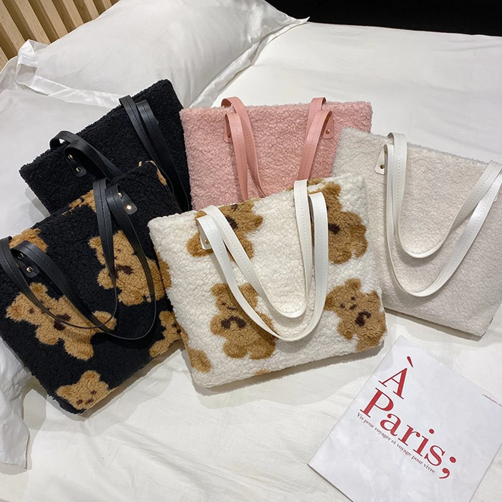 Plush Shoulder Bags For Women Simple Fashion Warm Fabric Large Capacity Shopping Bag Soft Canvas Tote Ladies Cute Bear Handbags