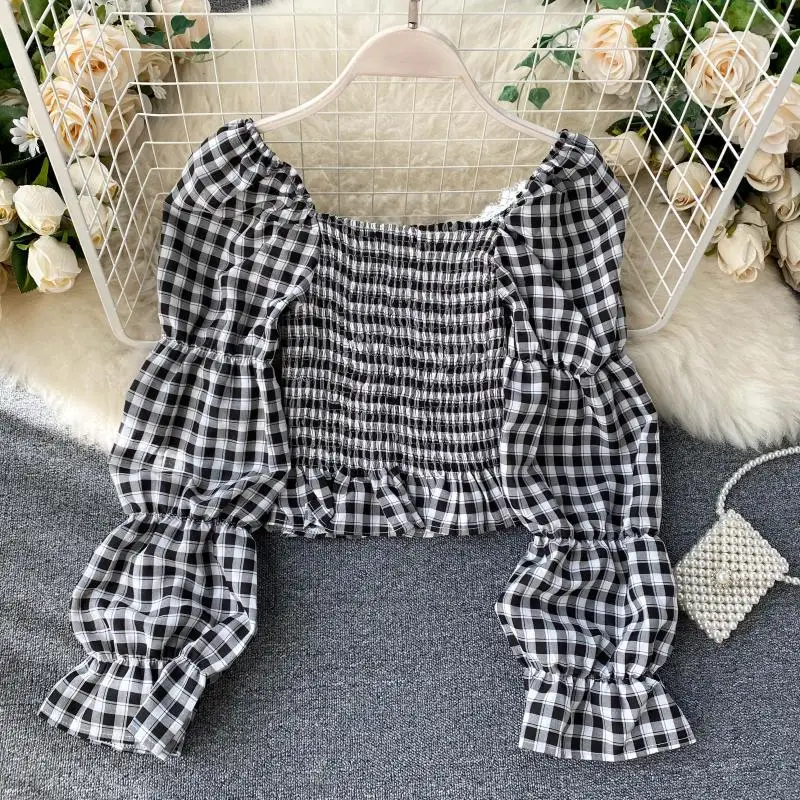 Женская клетчатая блузка в стиле ретро с кружевными вставками облегающие