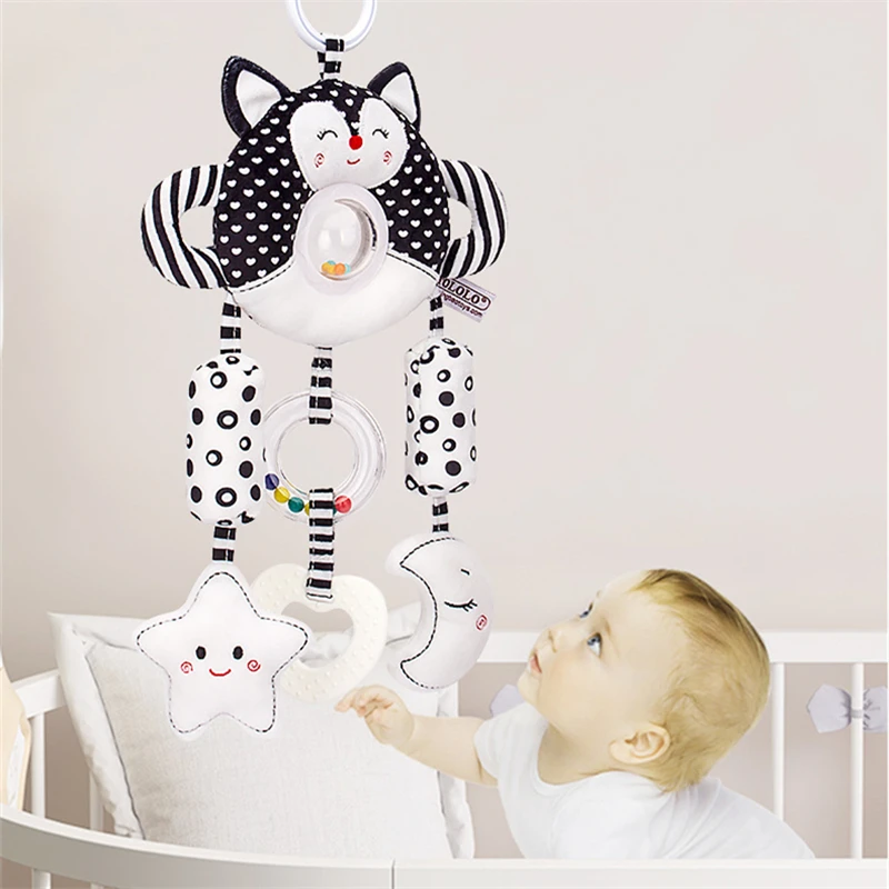 

Baby Hanging Rattles Black White Visual Training Cartoon Bed Stroller Squeaky Hand Bell Doll Infant Plush Toddler Toy погремушки