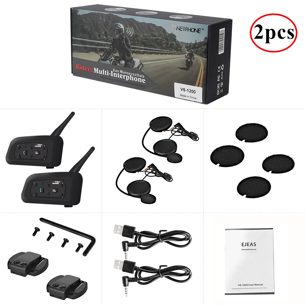 

2pcs V6 Motorcycle Walkie Talkie Bluetooth Helmet Headset For 6 Rider Interphone 1200M Wireless Radio Comunicador Moto MP3 FM