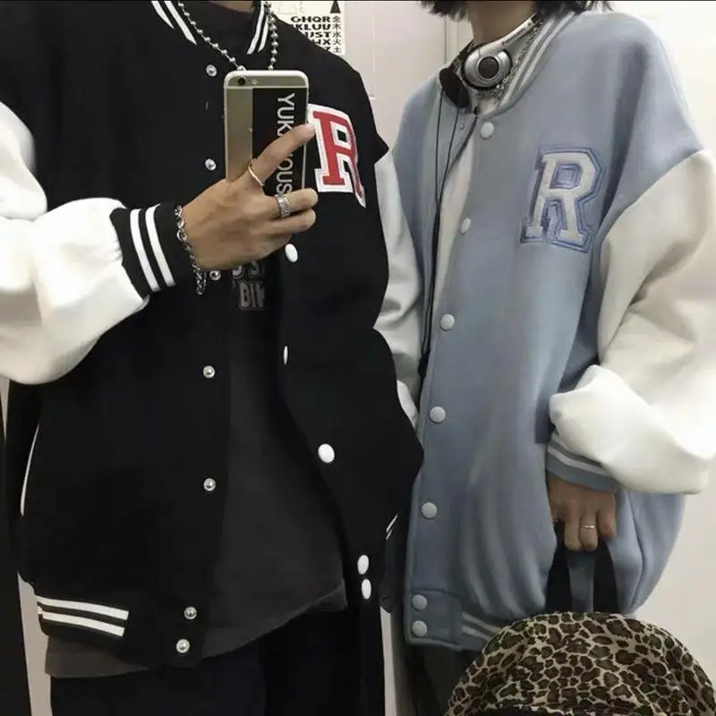 

Harajuku Style Embroidered Letters Women Fashion Long Sleeve Patchwork Jacket Coat 2021 Autumn Casual Sweatshirt