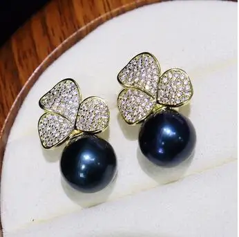 

Three petaled flower wholesale black white pink Natural Freshwater 10mm shell pearl earrings deposit Crystal zircon Jewellery