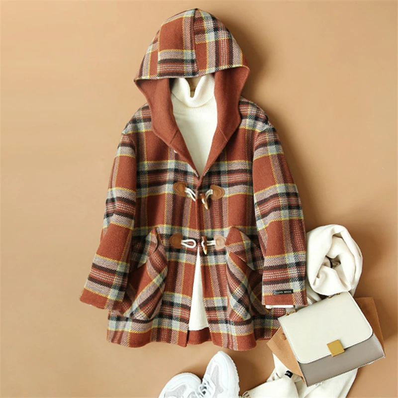 

2021 Spring Plaid Wool Coat For Women 90% Wool office Lady Two Pocket Jacket Spring Autumn Double sided Wool Hooded Coat Female