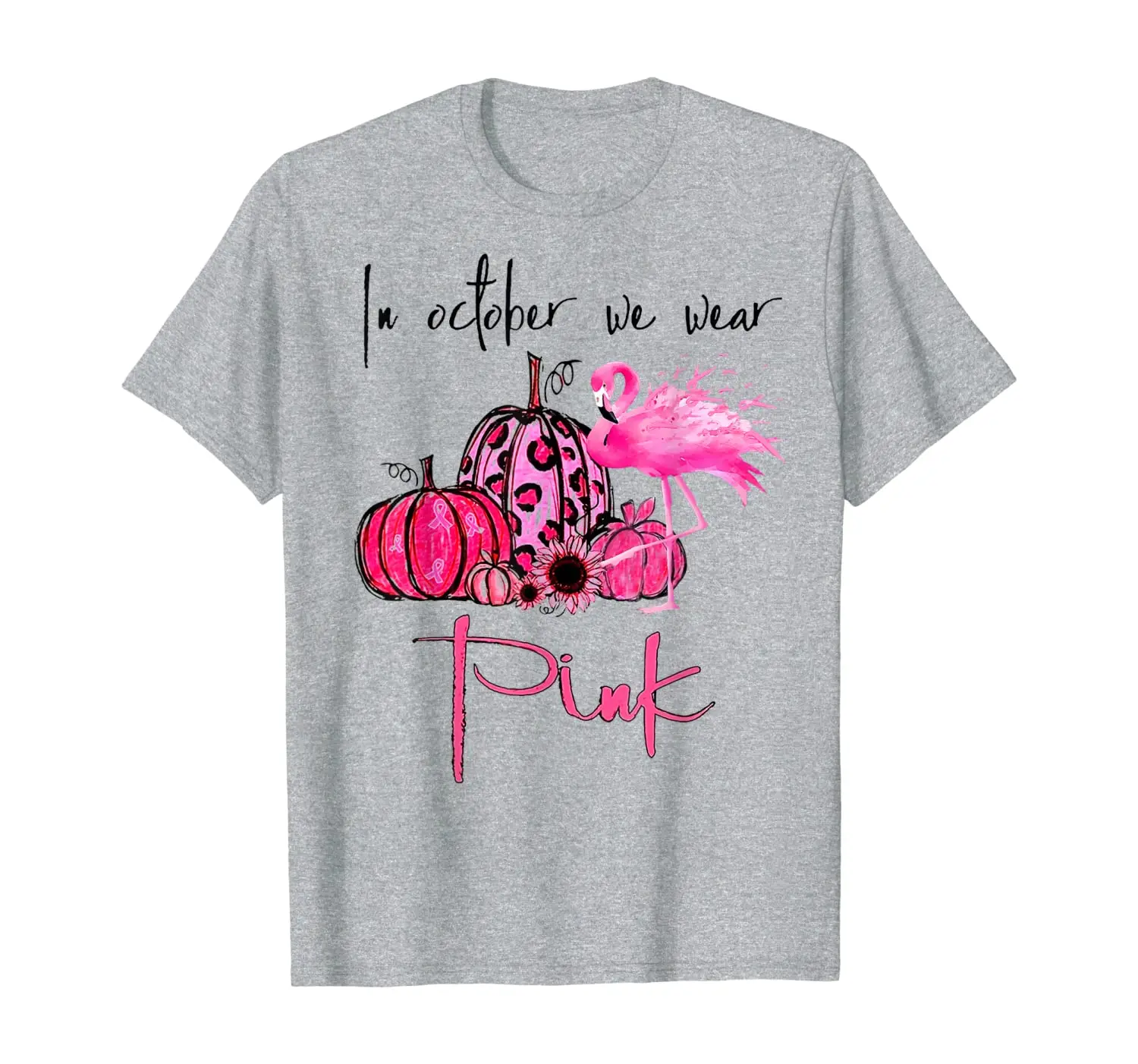 

In October We Wear Pink Pumpkin Flamingo Breast Cancer T-Shirt