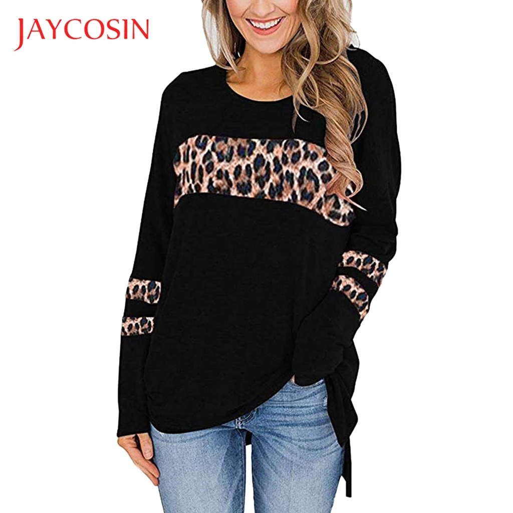 JAYCOSIN Long Sleeve T Shirt Women O-Neck Casual Leopard Print Split High Low Tunic Loose tshirt Tops Tee harajuku | Женская одежда