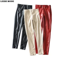 2021 spring casual faux leather leggings women high waist pu leather fleece lined pants ladies black beige red stretch jeggings