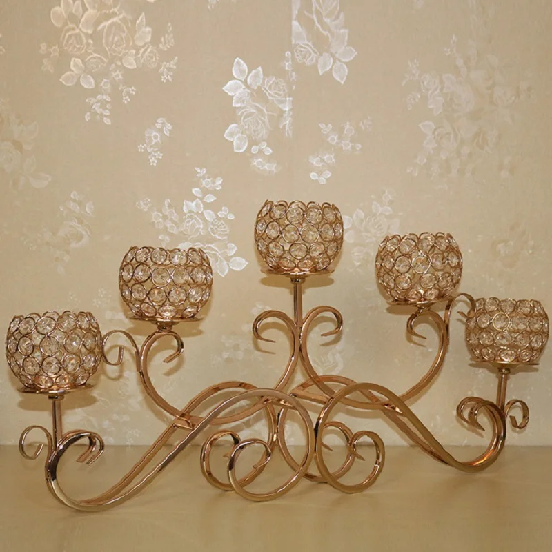 

Creative Candlestick 5 Heads Crystal Gold Metal Horizontal Table Standing Candelabra Candle Holder Wedding Home Decoration