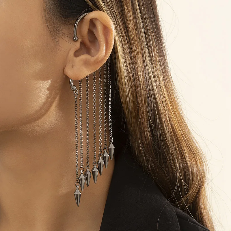 

European and American dark punk style rivet tassel chain earrings fashion personality geometric metal earrings "