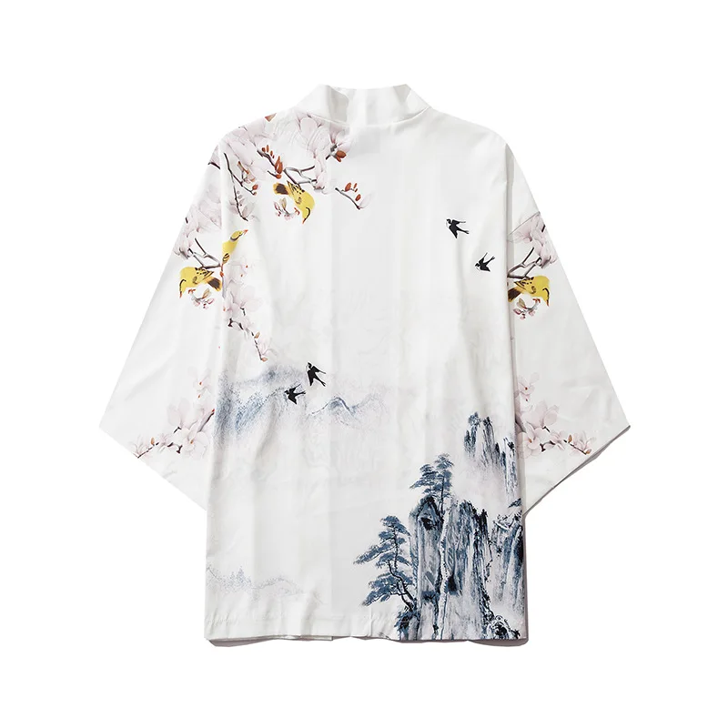 

Black White Fashion Streetwear Beauty Print Kimono Cardigan Robe China Haori Obi Traditional Japanese Clothes for Women Men