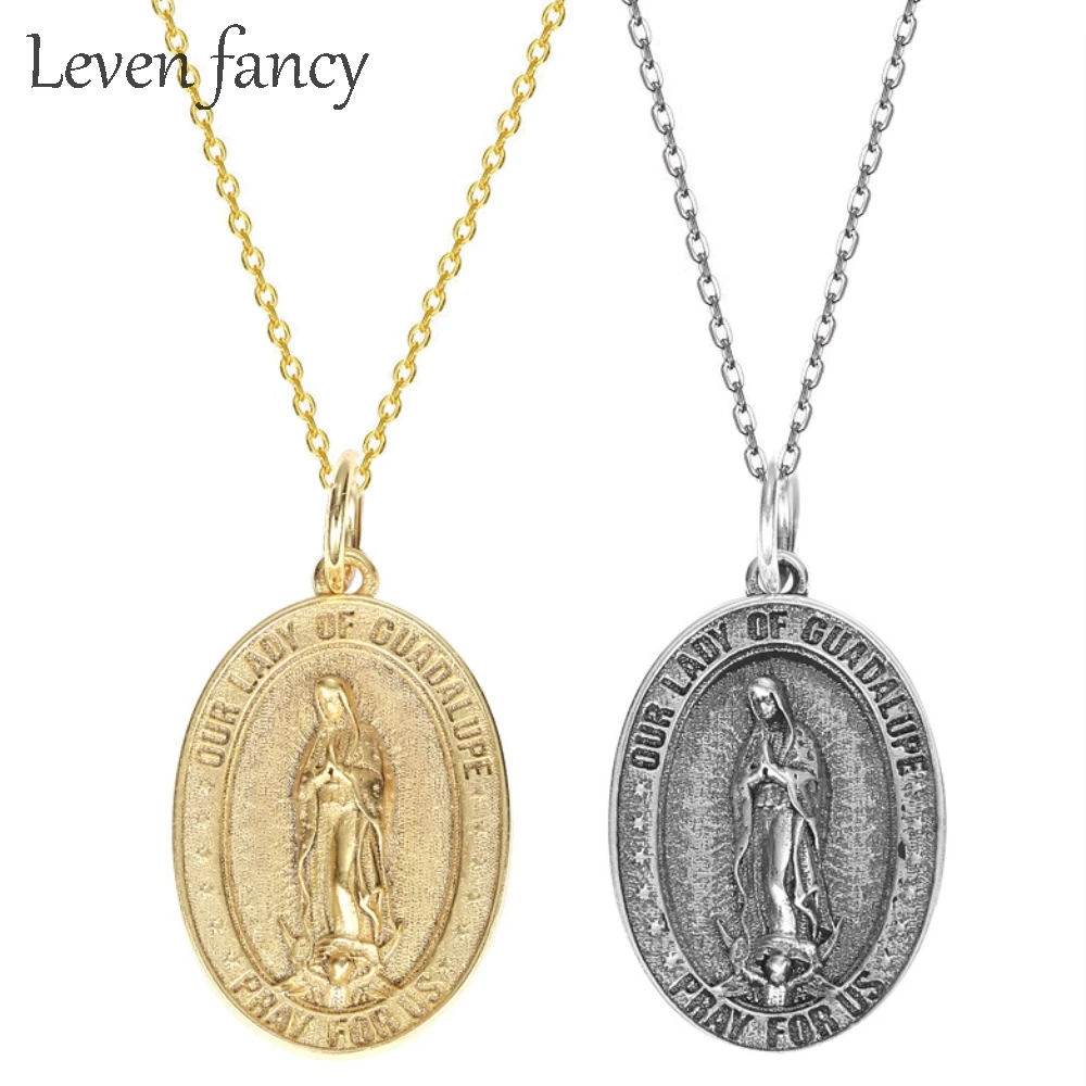 

Personalized Virgin Mary Necklace 925 Sterling Silver Religious Christian Jewelry Oval Medal Coin Pendant Necklace for Women Men