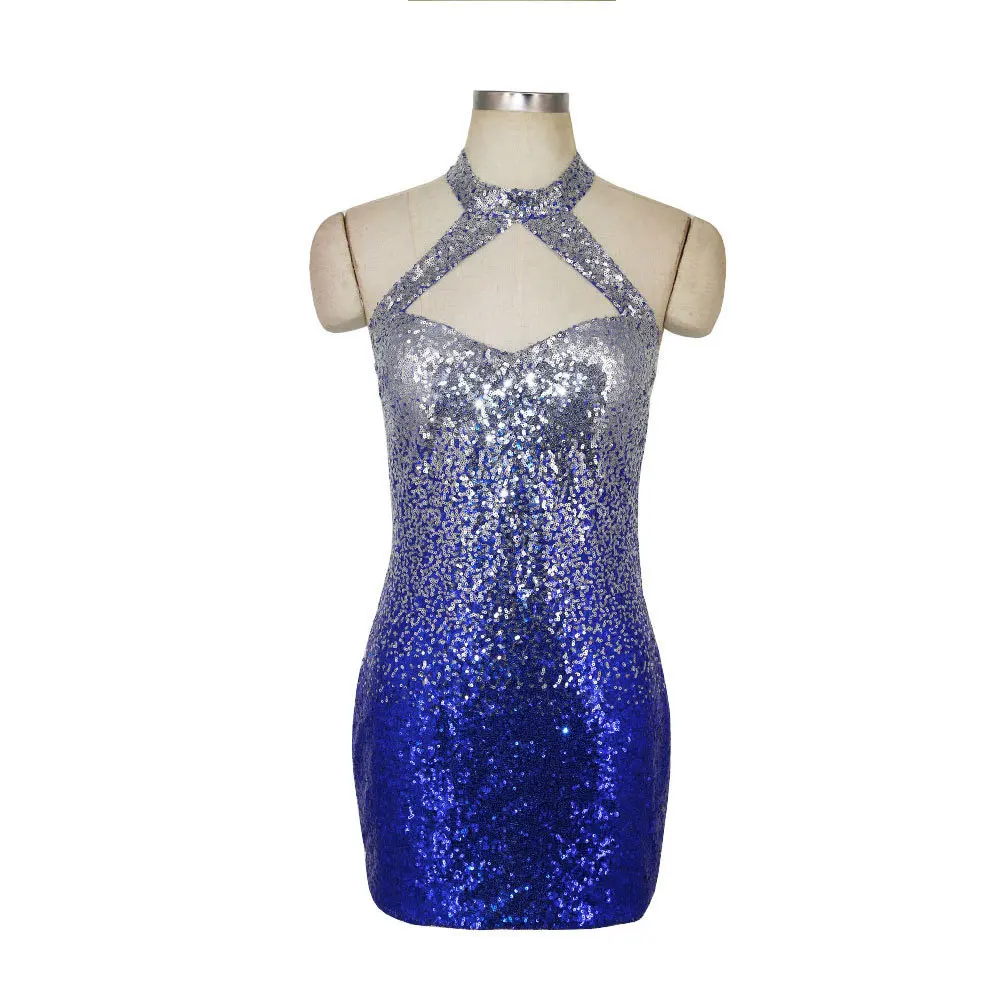 

Fashion women's nightclub sequined Harajuku dress V-neck halter neck color change bag hip sexy short skirt dress