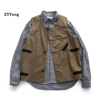 cotton vest mens fashion solid color casual multi pocket tooling wind vest jacket men streetwear wild loose couple gilet