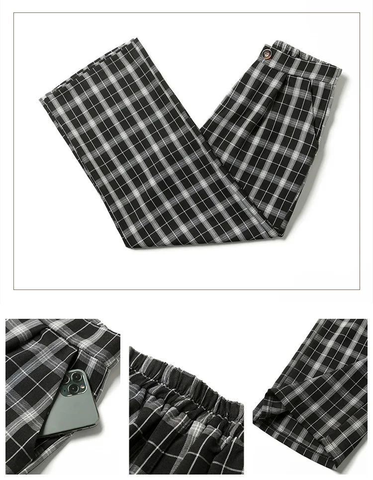 

Syiwidii vintage plaid pants elastic waist pants women high waist plus size wide leg Pants Casual female korean trousers women