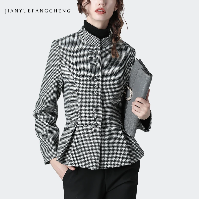 Plaid Модные женские зимние Клетчатые Шерстяные Куртки, топ с баской, теплые утолщенные винтажные офисные женские тонкие корейские пальто с высокой талией и рисунком «гусиная лапка» - Цвет: Plaid