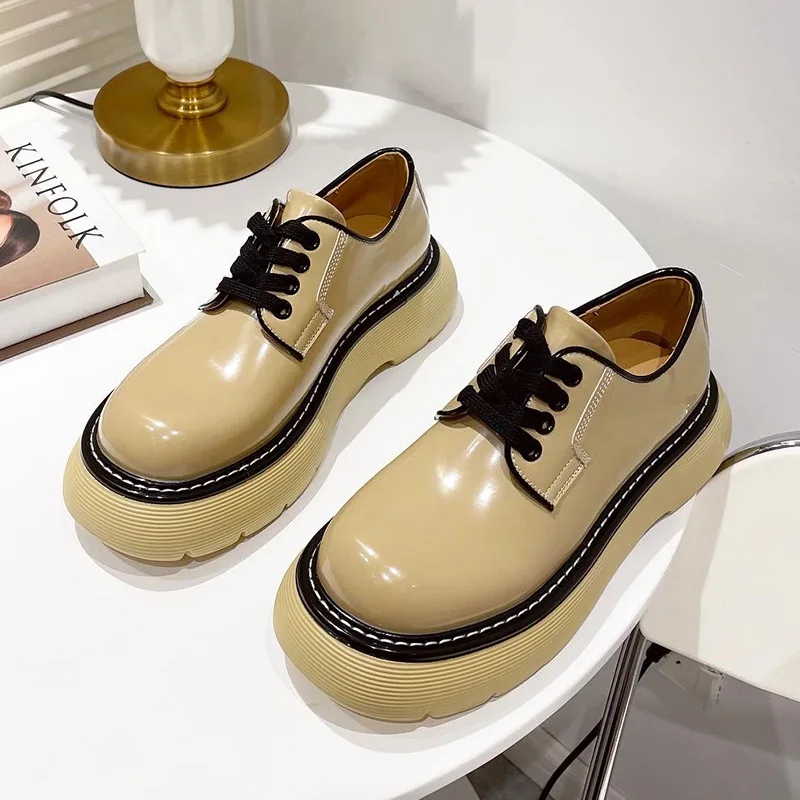 Shoes Women Genuine British cow women's shoes 2021 Leather  Round Toe Cross-Tied Thick Sole Ladies Shoes Slip On Flat Shoes