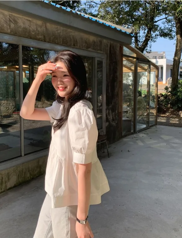 

Korean Summer Sweet Women Tops 2021 Loose Round Collar Bubble Short Sleeve Shirt New Stitching Cute White Blouse