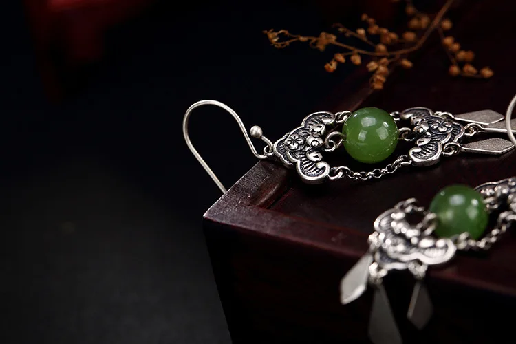 Женские серьги-капли из натурального нефрита S925 ретро длинные серьги с бахромой