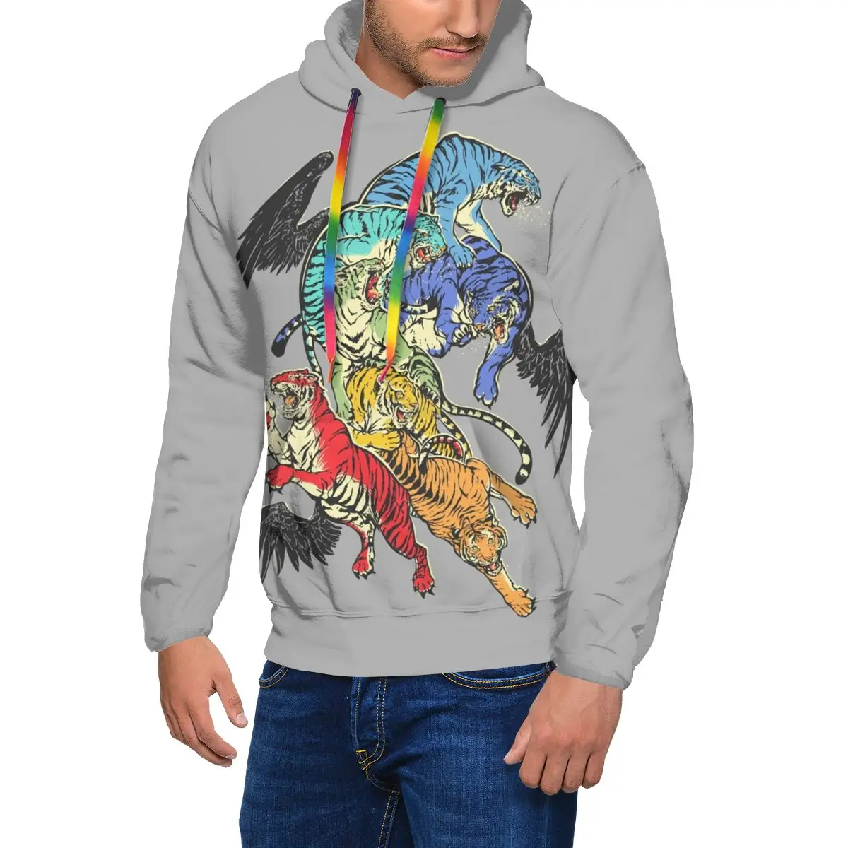 

Seven Caged Tigers Hoodies Devil Wings Polyester Loose Pullover Hoodie Long Casual Winter Hoodie Oversized Mens