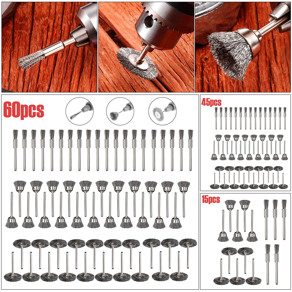 

15/45/60pcs Wire Wheel Cup Brush Set Crimped Stainless Steel Die Grinder Rotary Electric Tool Drill Polishing Dremel Tools