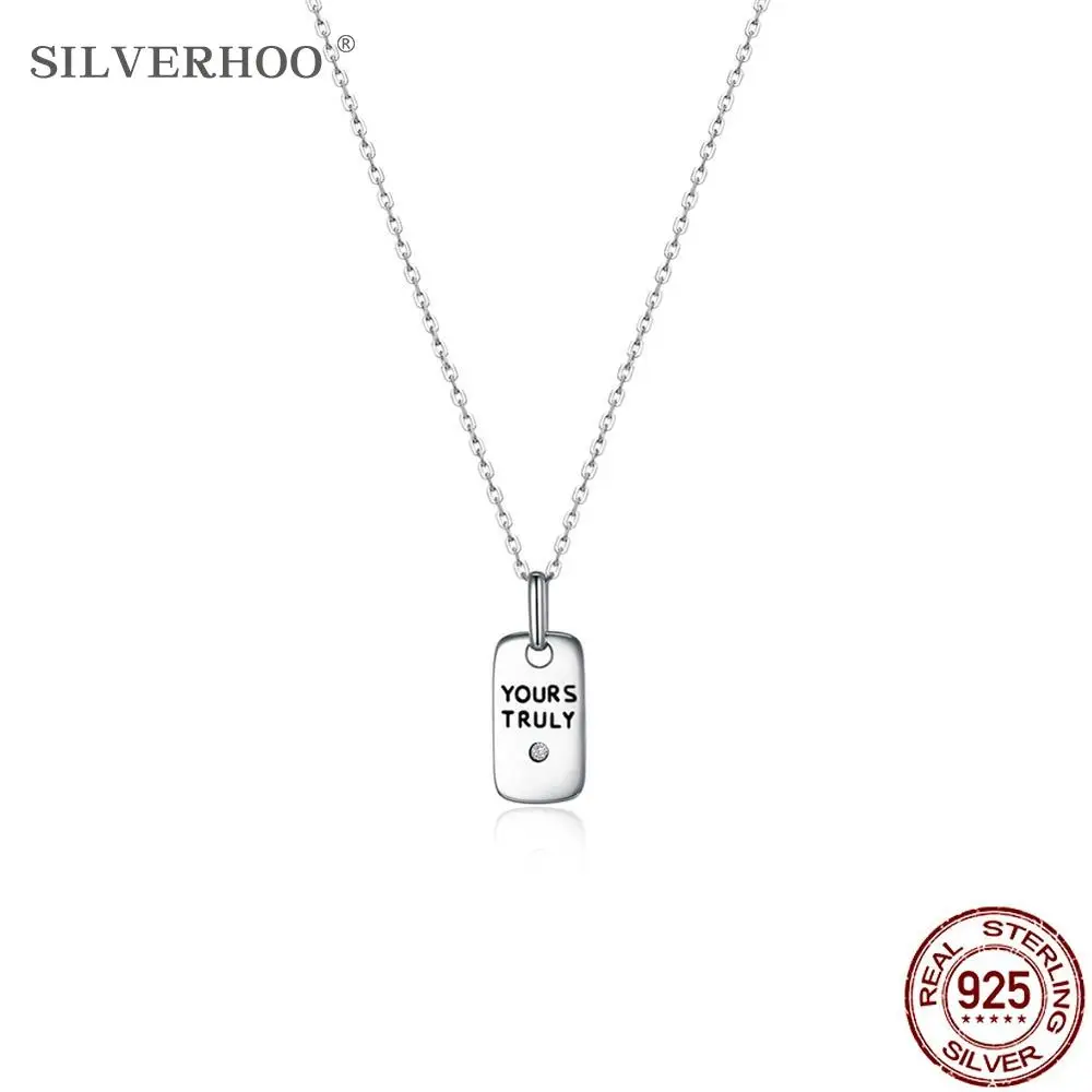 

SILVERHOO 925 Sterling Silver Pendant Necklaces For Women Fashion Small Long Label Engraved YOURS TRULY Necklace Party Jewelry