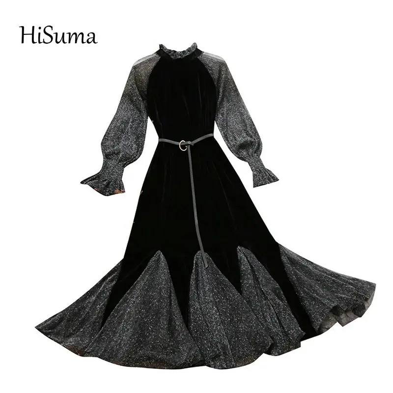 Новинка 2020 зимнее женское платье HISUMA с высоким воротником и расширяющимся книзу