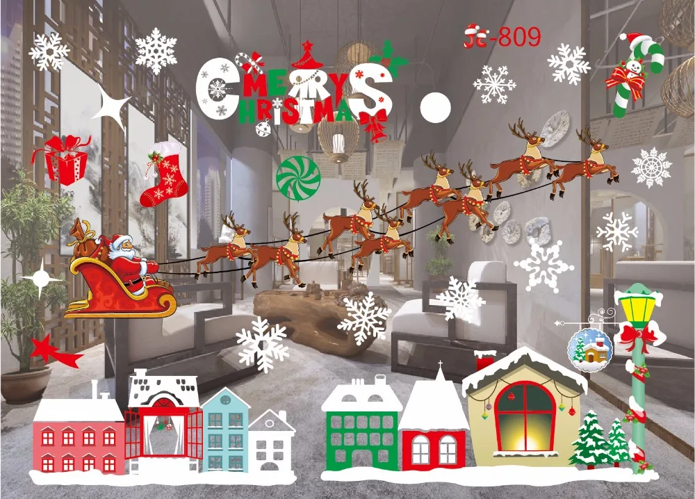 Счастливого Рождества Санта Клаус окна стекло ПВХ стикер стены DIY Снежный город