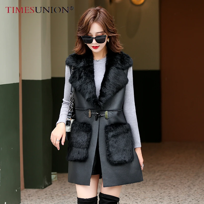 

Winter Warm Waistcoats Female Long Vest Female Black Sleeveless PU Leather Jacket Velvet Women's Vests Outerwear Winter Coat