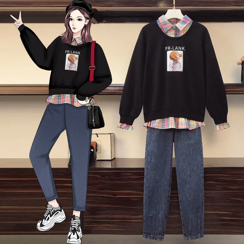 

Новинка Осень 2021 женская одежда большого размера в западном стиле Молодежный свитер с имитацией двух частей джинсовый облегающий костюм