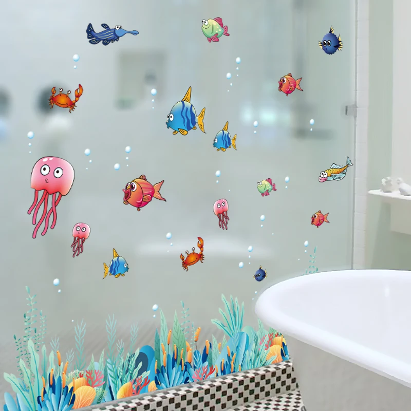 [SHIJUEHEZI] Мультяшные рыбки наклейки на стену DIY морские водоросли растения