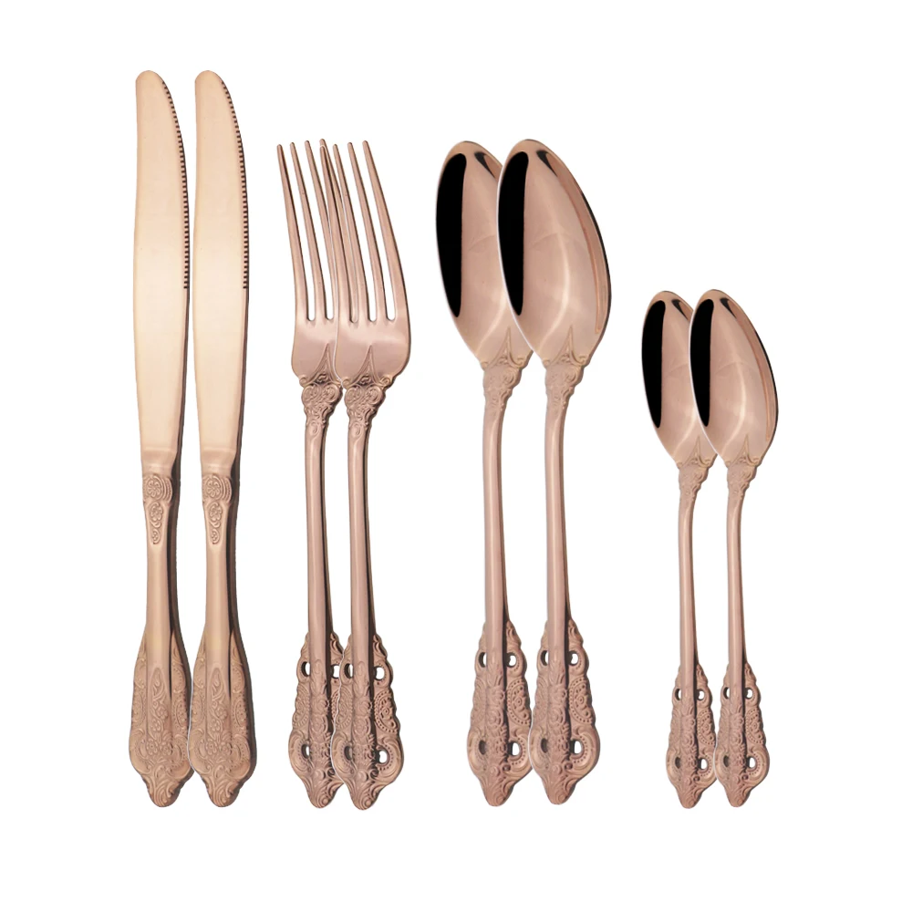 

8pcs Rose Gold 18/10 Dinnerware Vintage Western Cutlery Dinner Knife Fork Spoons Tableware Set Kitchen Flatware Silverware Set