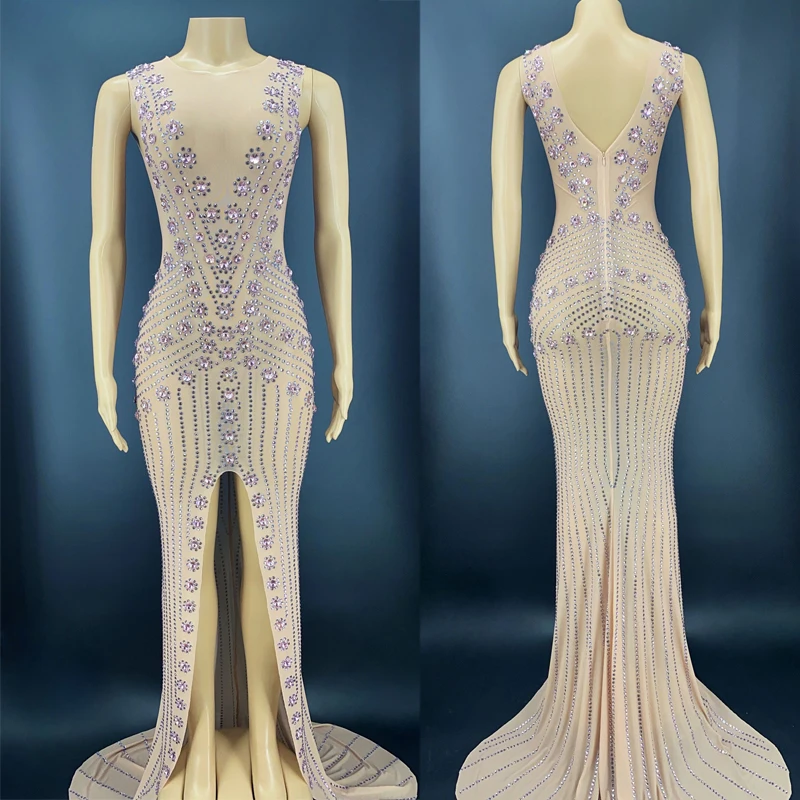 

Блестящее розовое платье стразы женские сексуальные сетчатые тянущиеся вечерние длинные платья со шлейфом женский костюм Одежда для сцены...