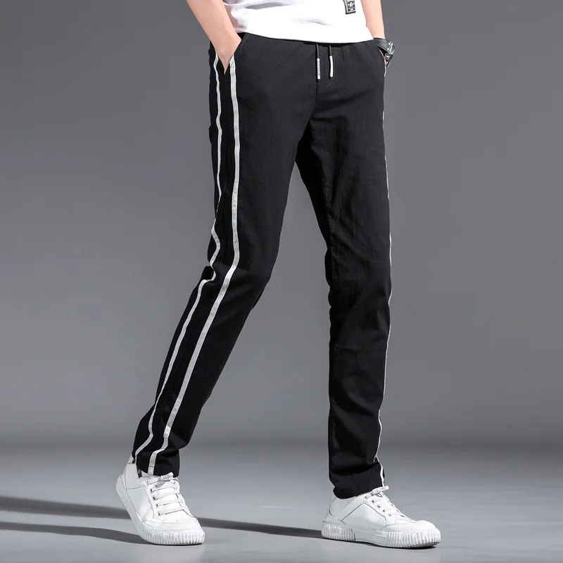 2019 Summer Thin Youth BOY'S Straight-Cut Pants Korean-style Striped Slim Fit Lace-up Casual Men's |