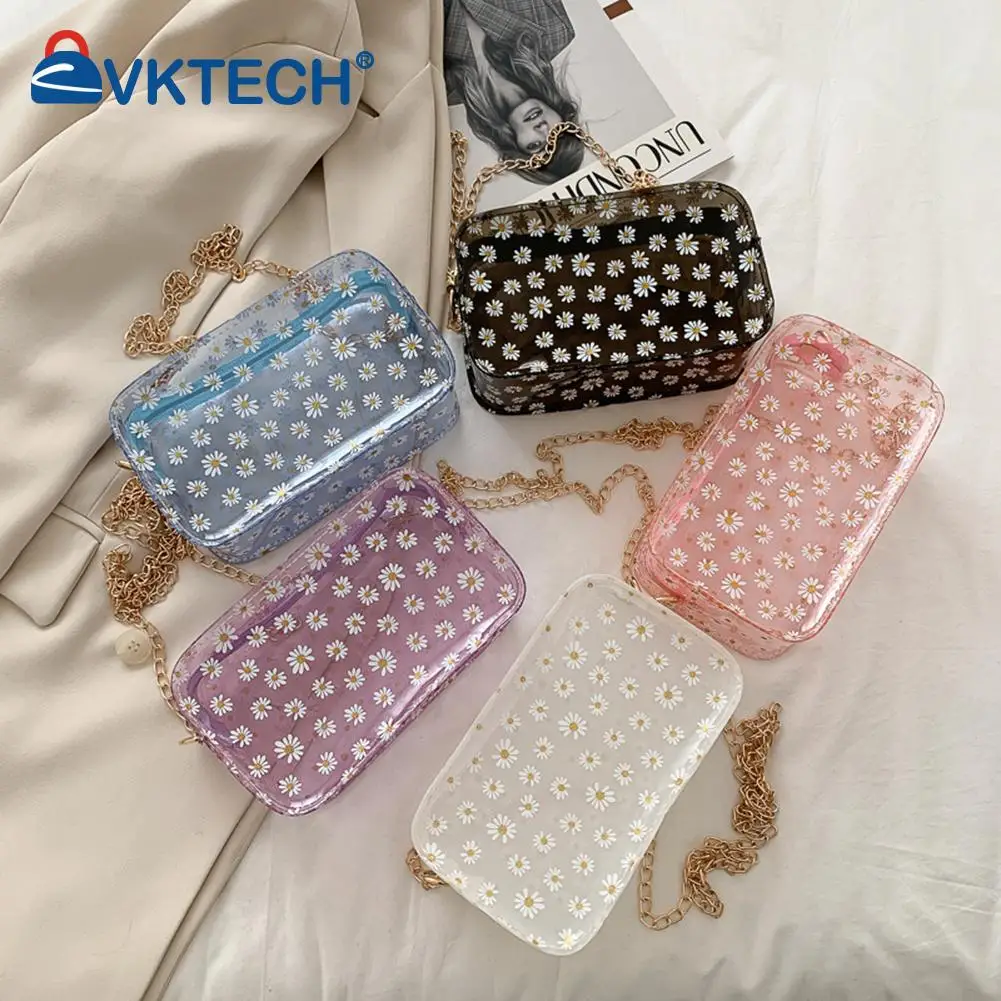 

Daisy Flower Shoulder Bags Female Chain Small Square PVC Transparent Messenger Handbag Purses
