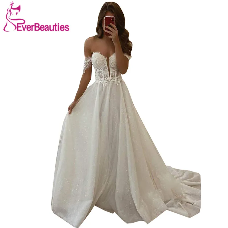

Off The Shoulder Boho Wedding Dresses 2020 Vestido De Noiva Glittery Tulle Beach Bride Wedding Gown Bohemian свадебное платье