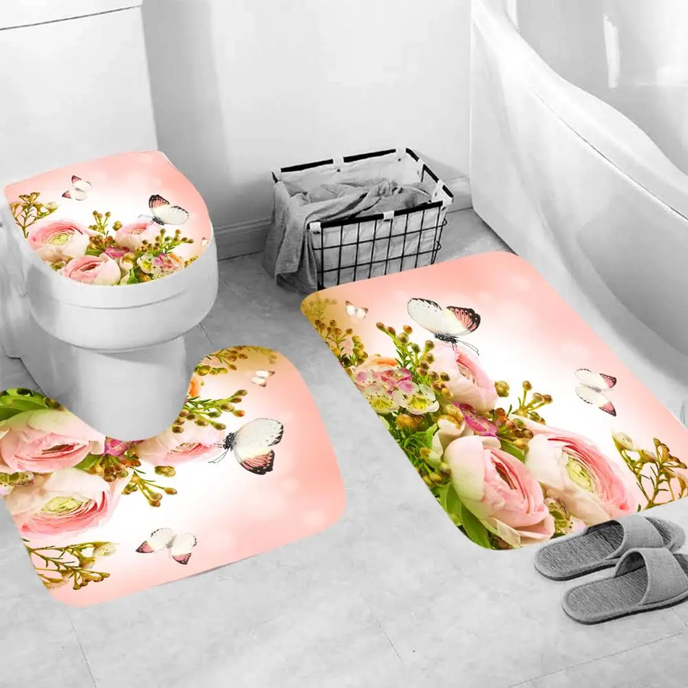 

Pink Rose and Butterfly Stamp Printing Bathroom Curtains With Hooks Bathroom Four-piece Non-slip Carpet Cushion Toilet Mat