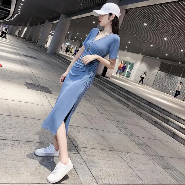 

Women Summer New Dress Fashion Bodycon Female Casual V Neck Short Sleeve Elegant Chic Slim Side SplitSoild Blue Dress YM188