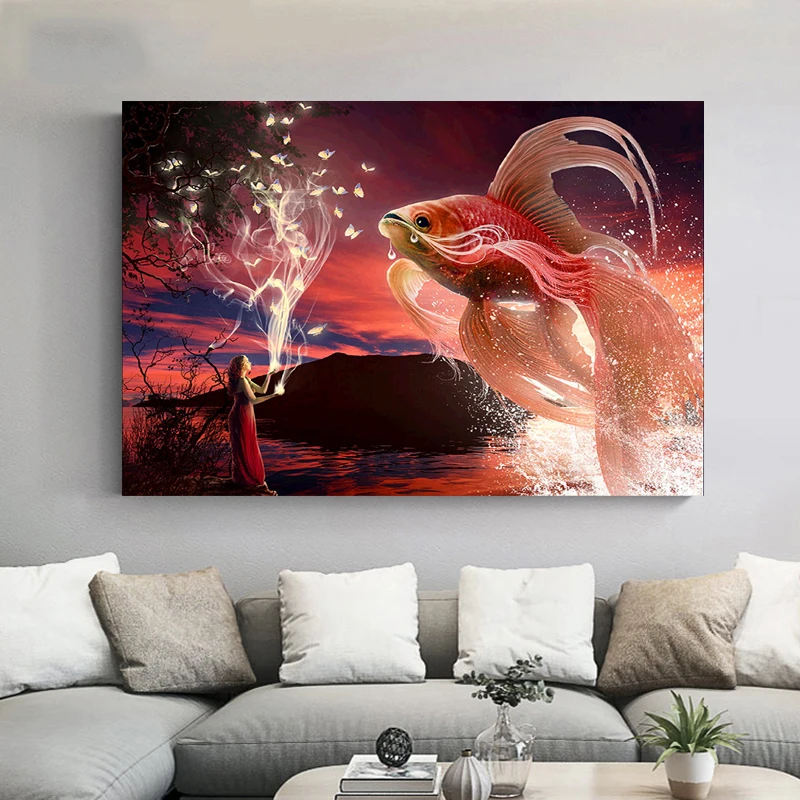 Красная Золотая рыбка и фея 5d полная алмазная живопись значки Алмазная вышивка